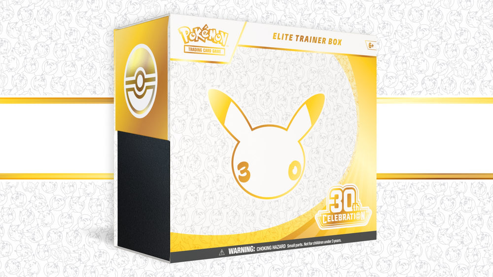 Pokemon TCG 30th Celebration Elite Trainer Box with gold Pikachu silhouette