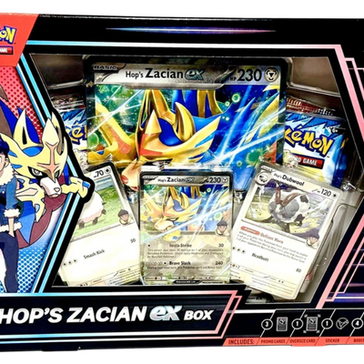 Pokémon trading card game box featuring Hop's Zacian ex with cards and artwork.