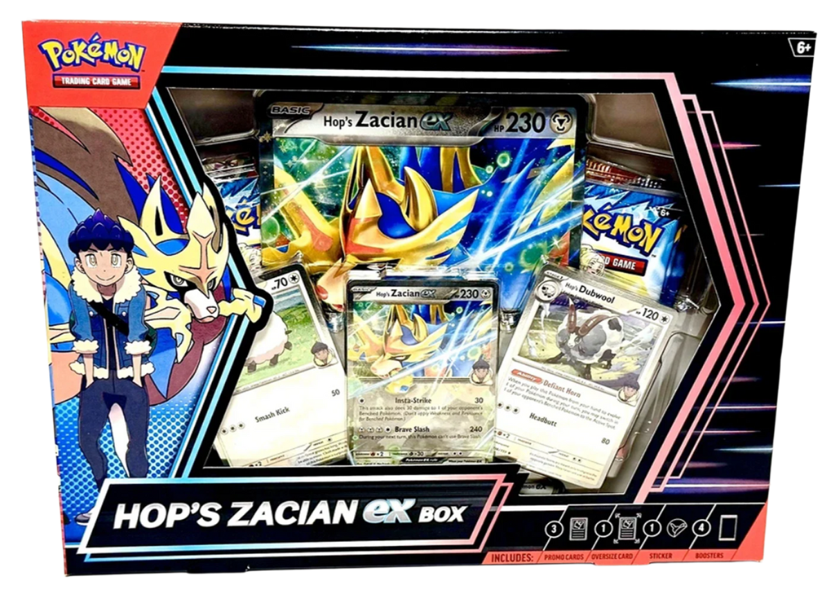 Pokémon trading card game box featuring Hop's Zacian ex with cards and artwork.