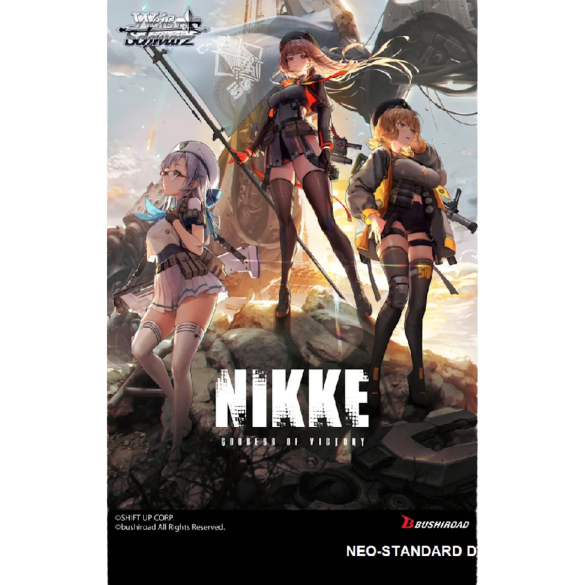 Three animated characters in a dynamic pose with 'Nikke' branding.